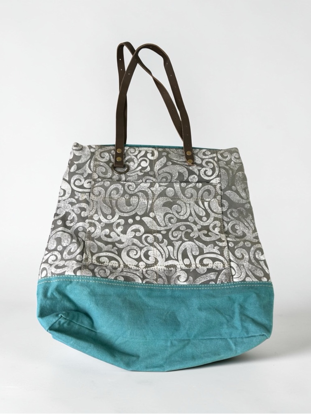 Myra Bag Canvas Tote Floral Scroll Turquoise Brown Strap